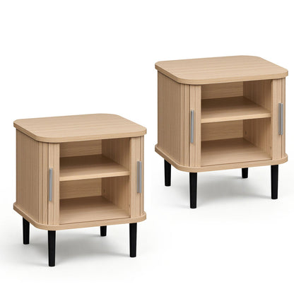Fluted Nightstand Set with Sliding Doors and Adjustable Shelf