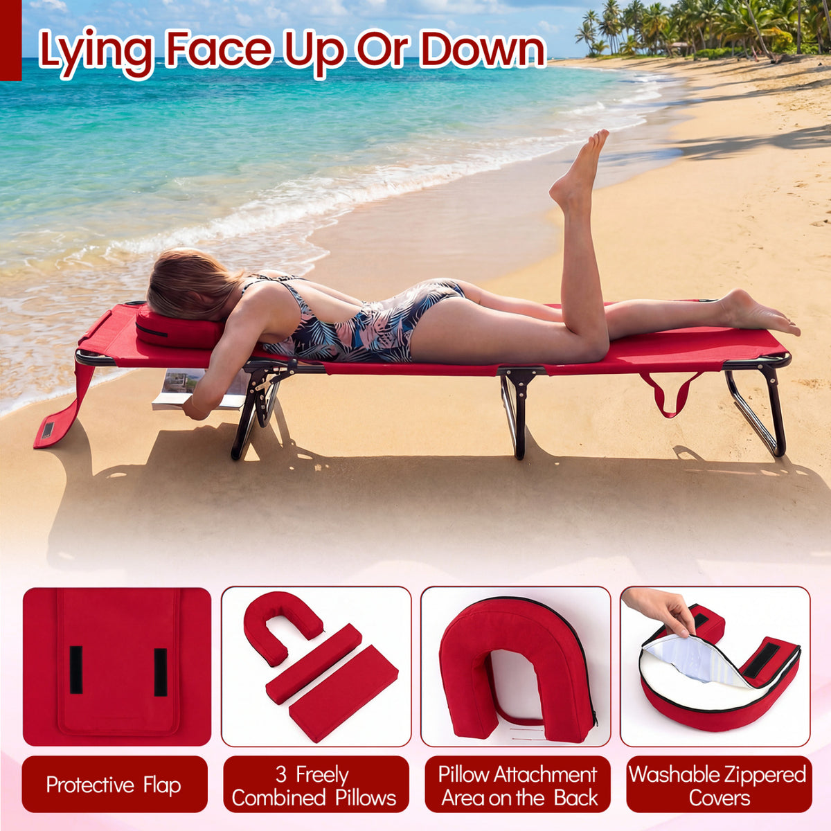 Folding Tanning Chair with Face Hole & 3 Pillows - Set of 2