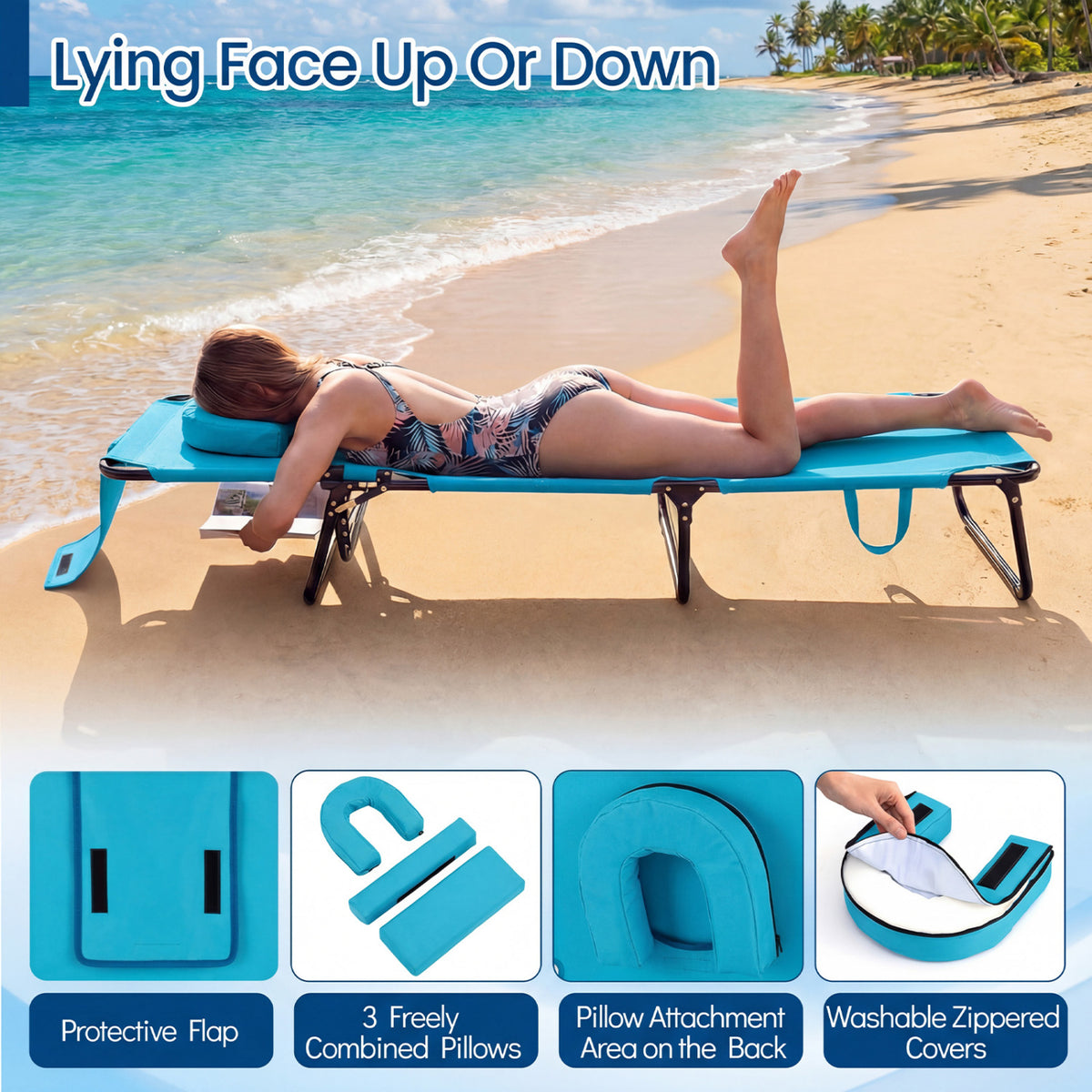Folding Tanning Chair with Face Hole & 3 Pillows - Set of 2