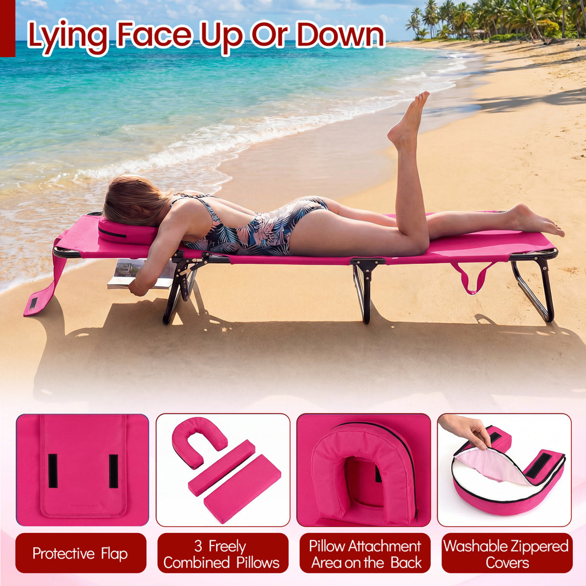 Folding Tanning Chair with Face Hole & 3 Pillows - Set of 2