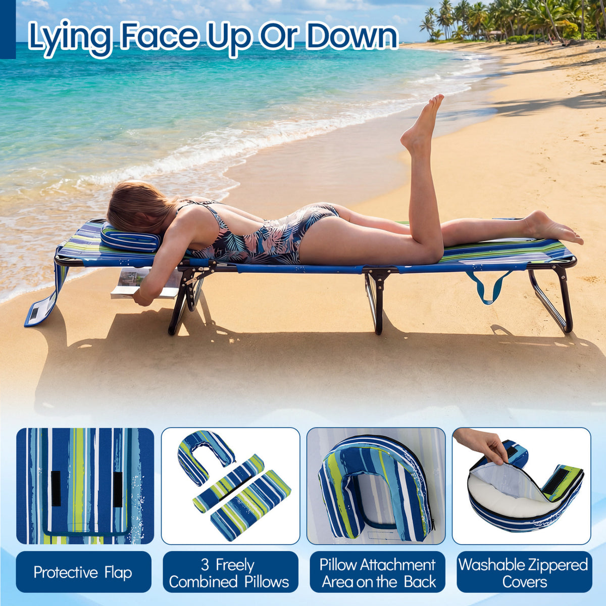 Folding Tanning Chair with Face Hole & 3 Pillows - Set of 2