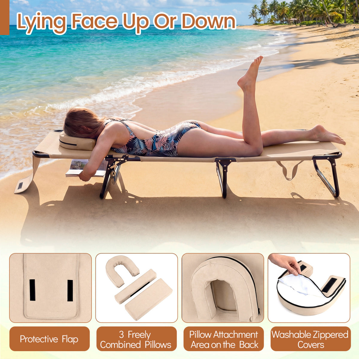 Folding Tanning Chair with Face Hole & 3 Pillows - Set of 2