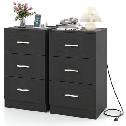 Set of 2 Nightstand with Charging Station End Table with 3 Storage Drawers Bedside Table for Bedroom