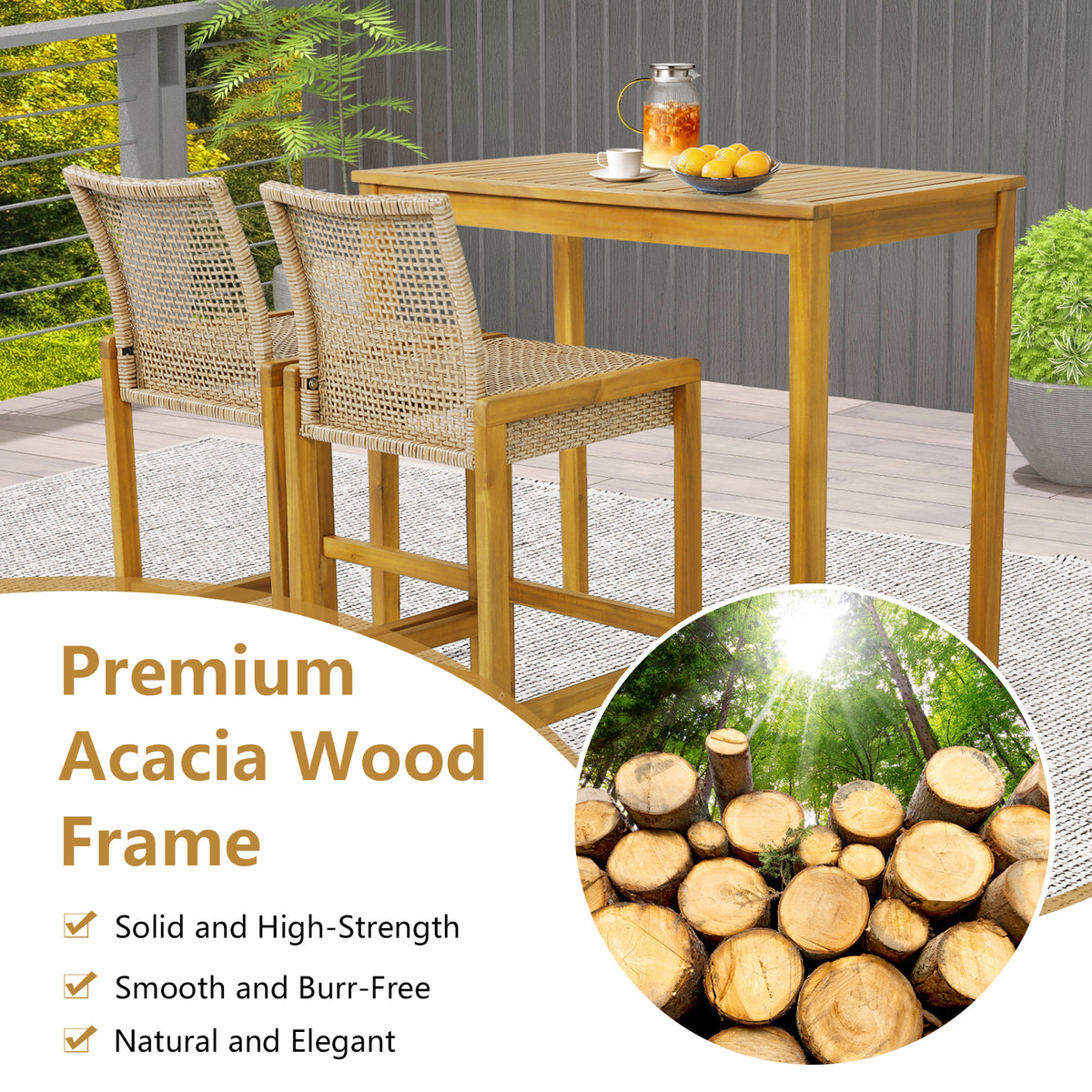 Rattan Patio Bar Stools Set of 2 with Backrest