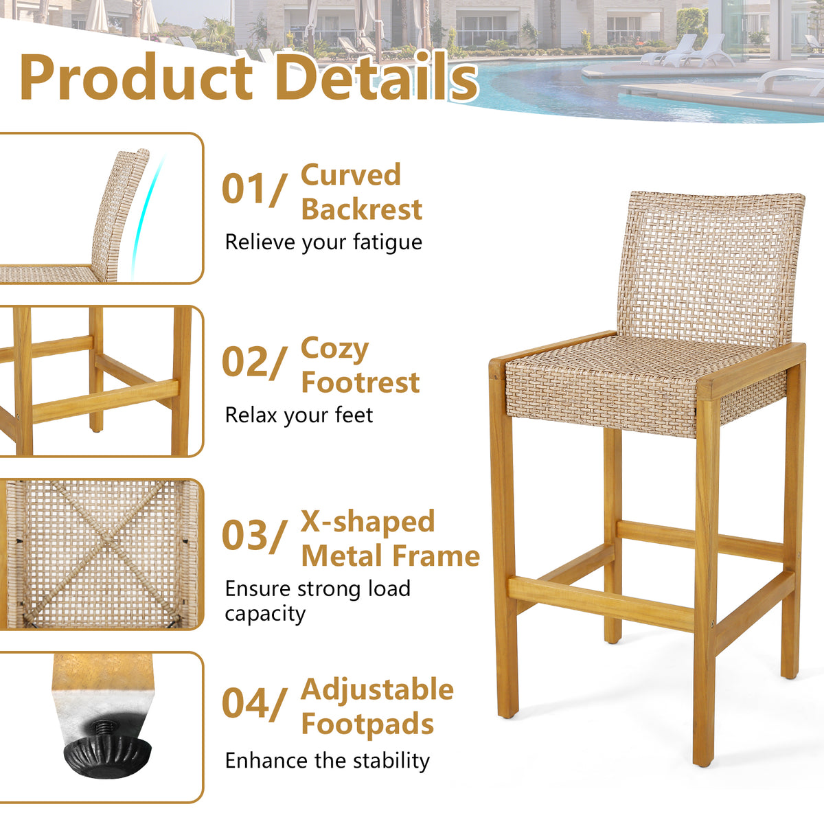 Rattan Patio Bar Stools Set of 2 with Backrest
