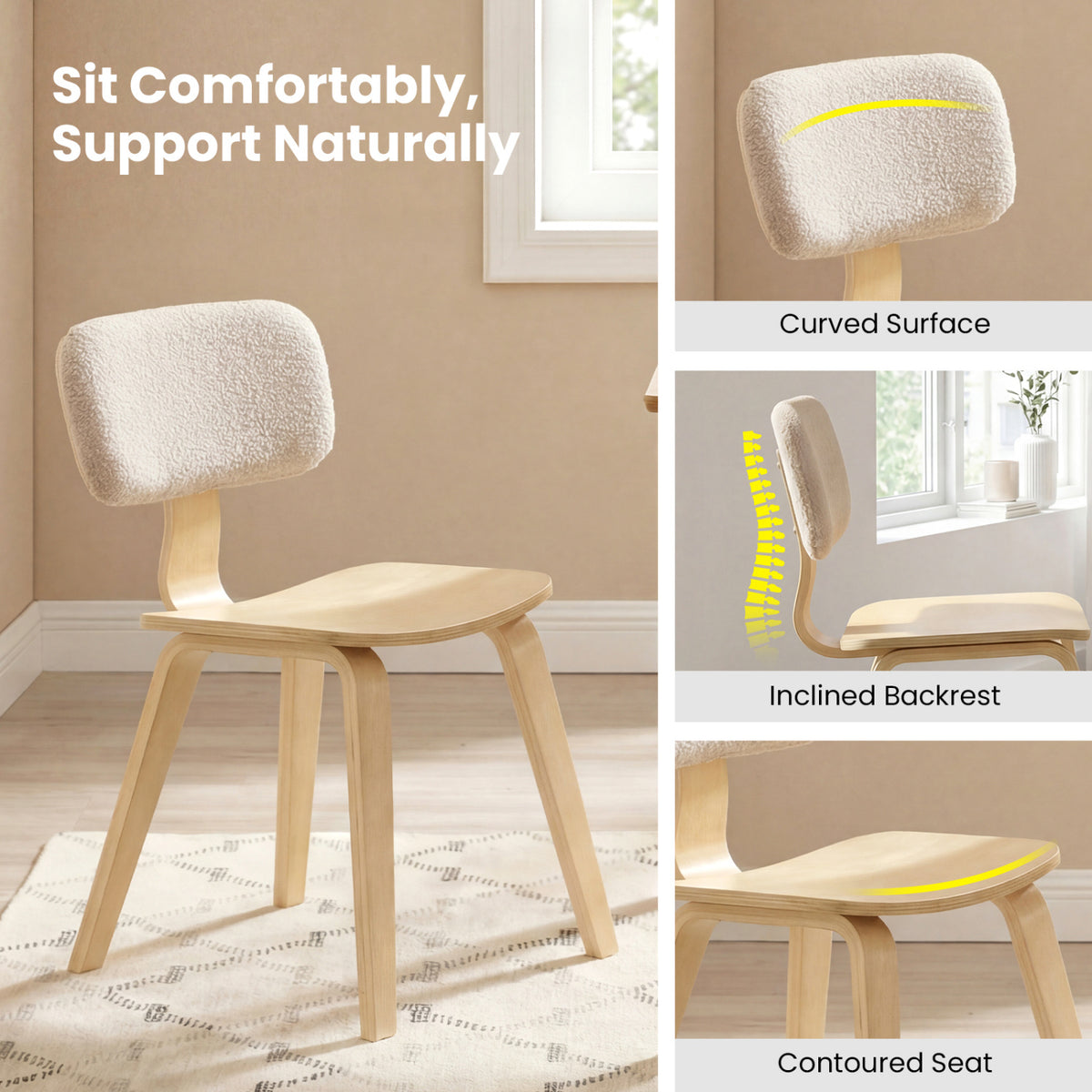 Rubber Wood Dining Chairs with Teddy Velvet Backrest, Set of 2