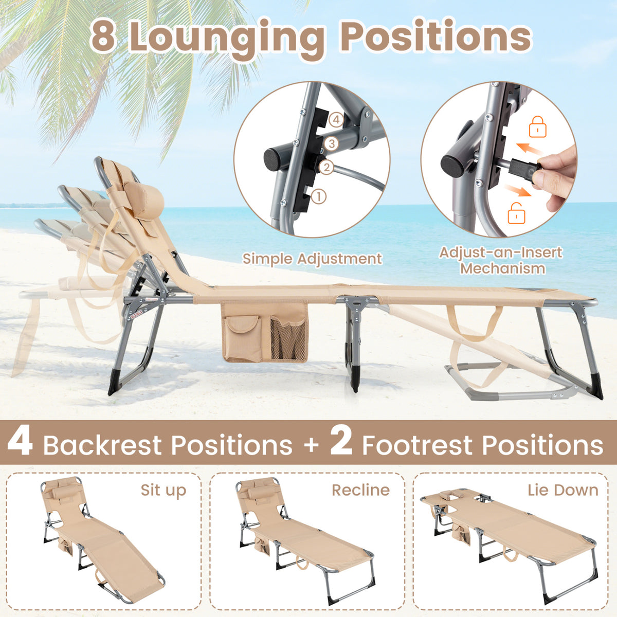 Adjustable Tanning Lounge Chair Set of 2 with Face Hole