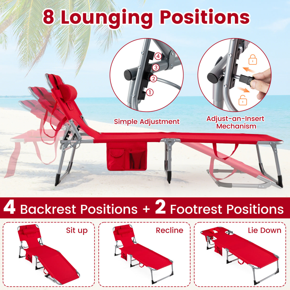 Adjustable Tanning Lounge Chair Set of 2 with Face Hole