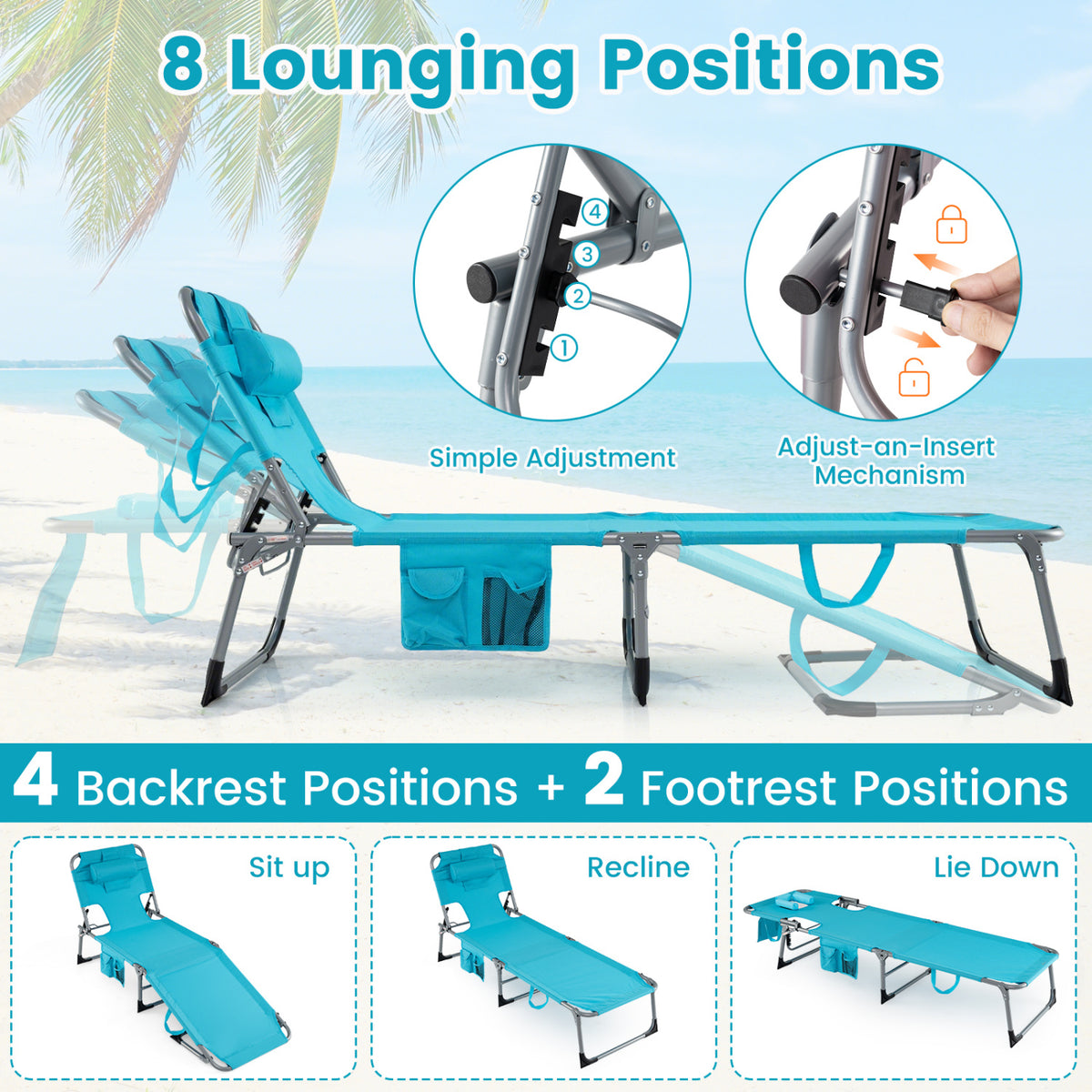 Adjustable Tanning Lounge Chair Set of 2 with Face Hole