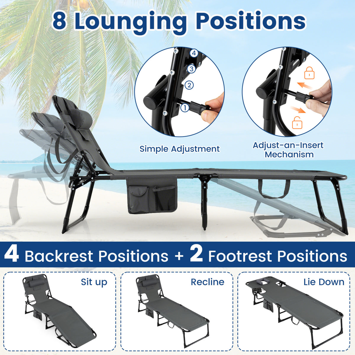 Adjustable Tanning Lounge Chair Set of 2 with Face Hole