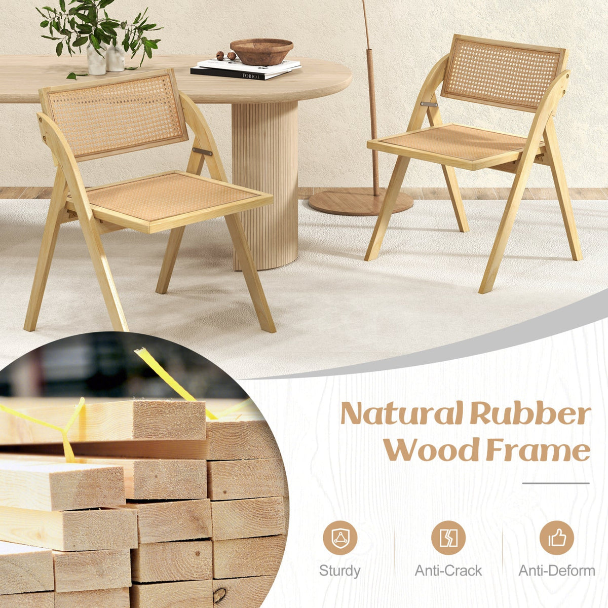 Foldable Dining Chairs Set of 4 with Woven Rattan Backrest