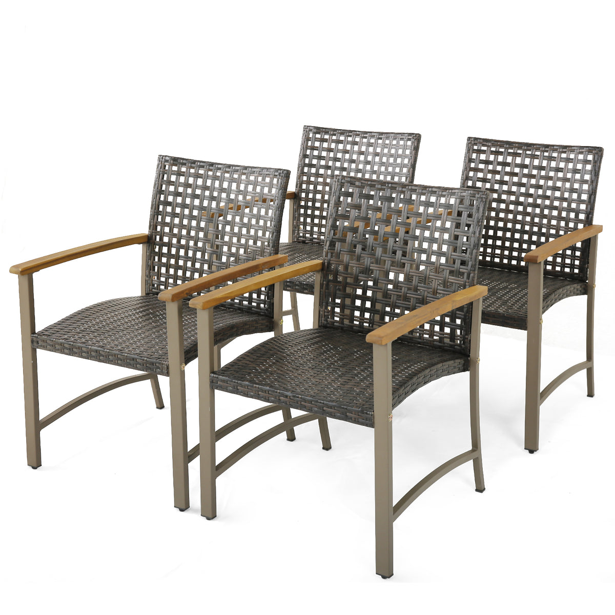 Patio Rattan Dining Chairs with Acacia Wood Armrests, Set of 4