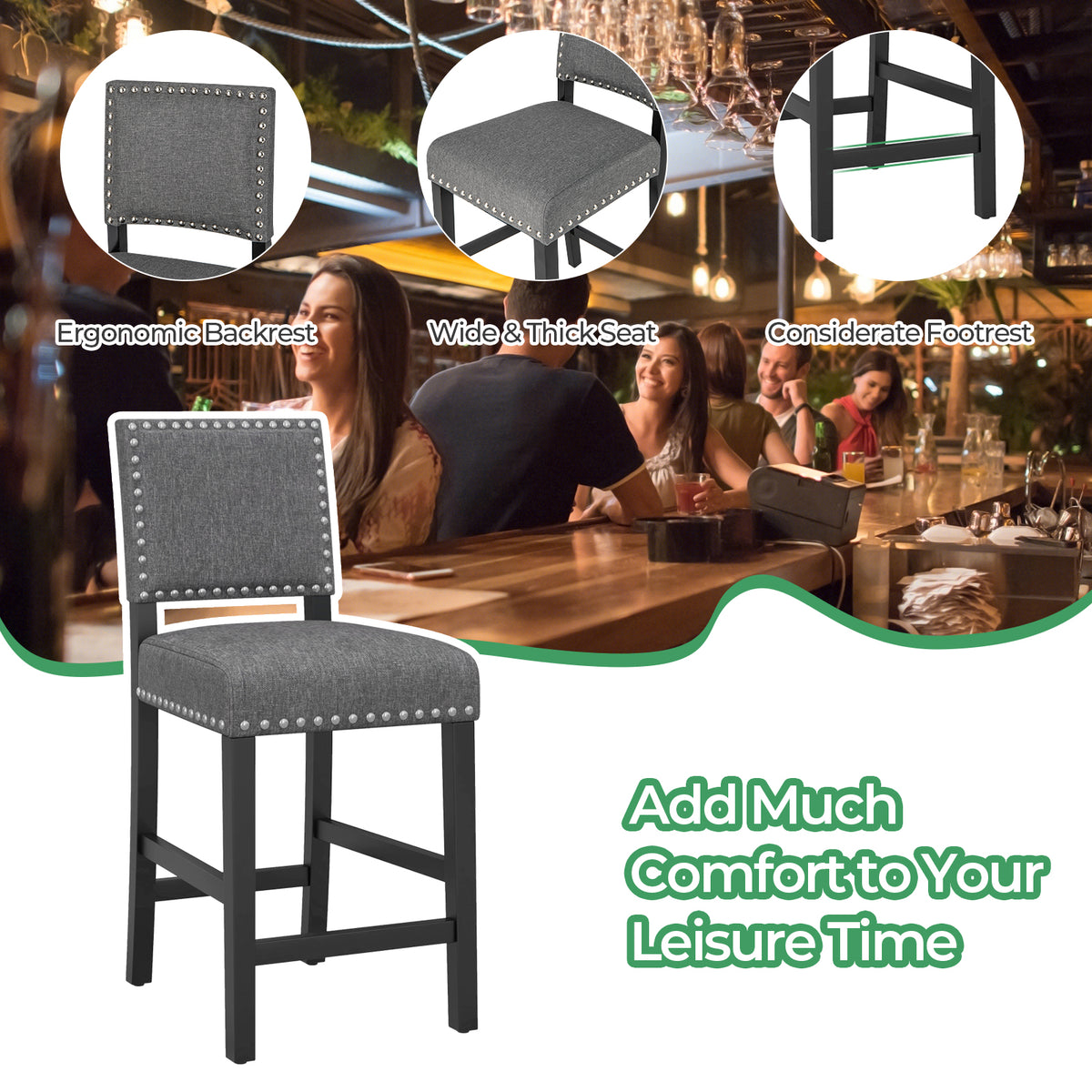 Counter Height Dining Chairs Set of 2 with Rubber Wood Frame