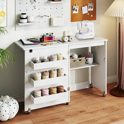 Folding Sewing Table with Charging Station and Casters