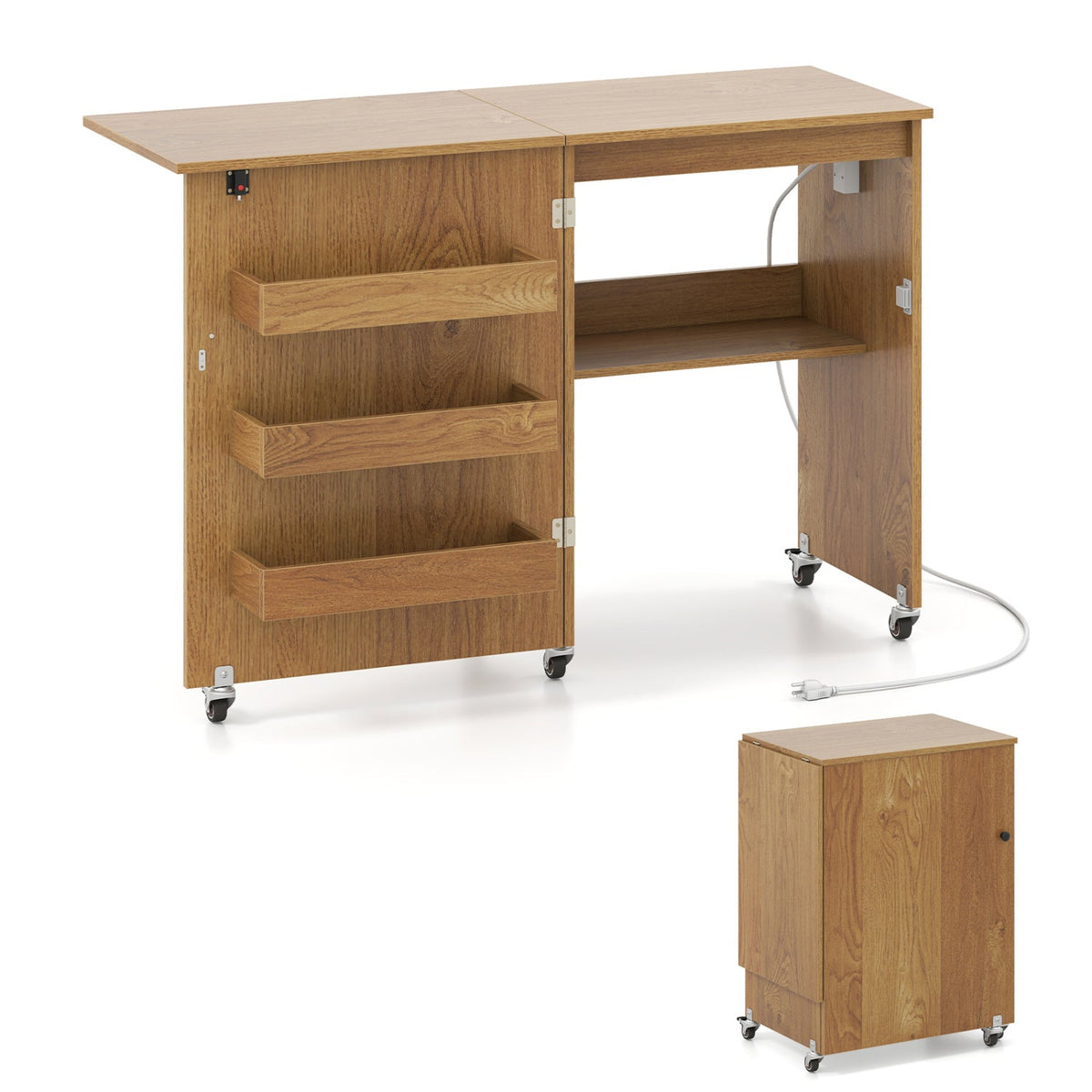 Folding Sewing Table with Charging Station and Casters
