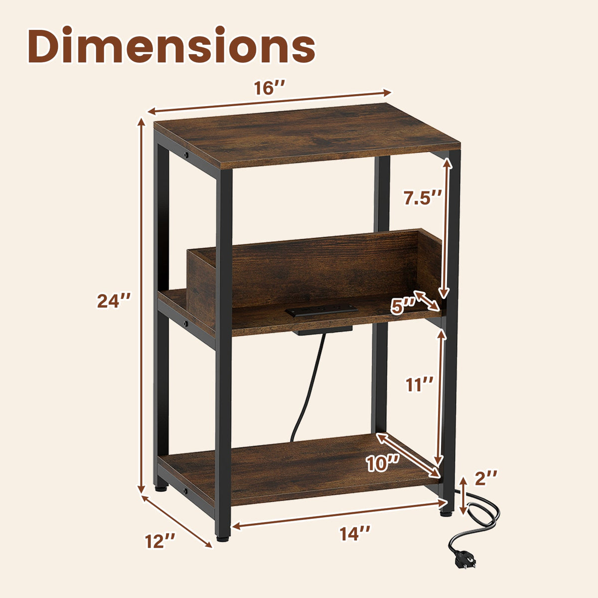 Side End Table with Charging Station and Open Shelves-Rustic Brown