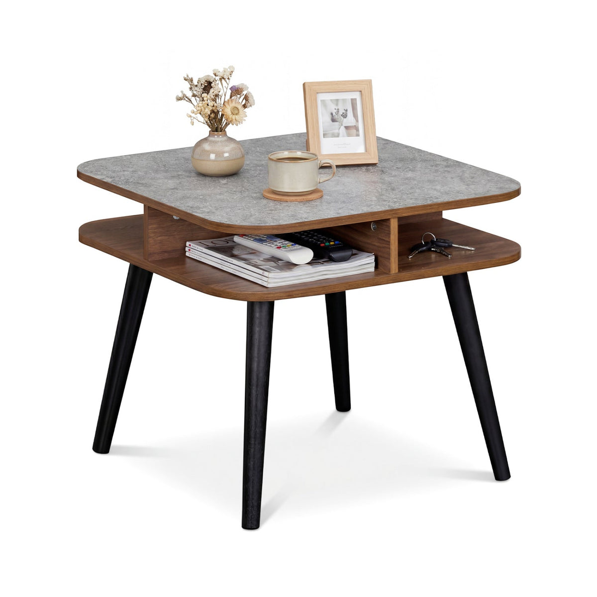 Side Table Faux Marble End Table with Storage Shelves and Rubber Wood Legs