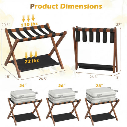Solid Rubberwood Folding Luggage Rack with Nylon Shelves