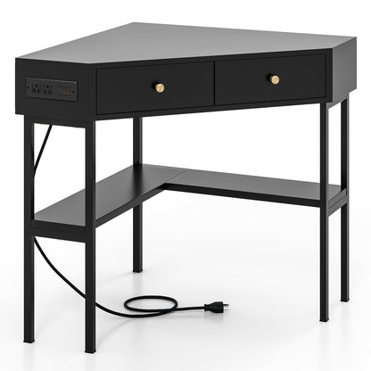 Triangle Corner Desk with Charging Station with 2 Drawers and Storage Shelf