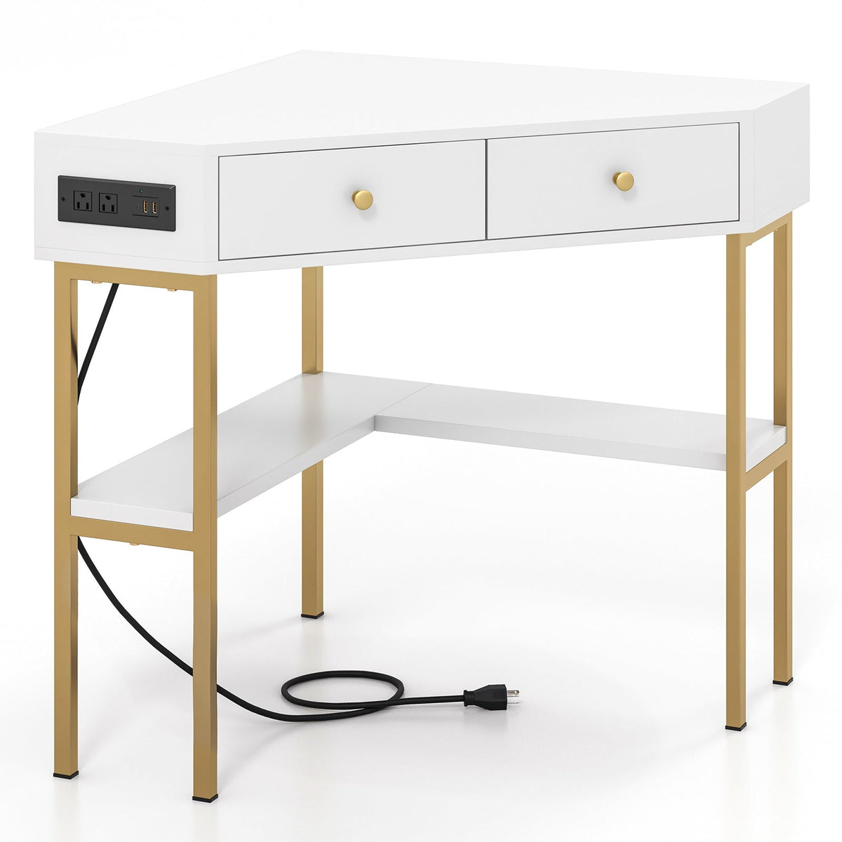 Triangle Corner Desk with Charging Station with 2 Drawers and Storage Shelf