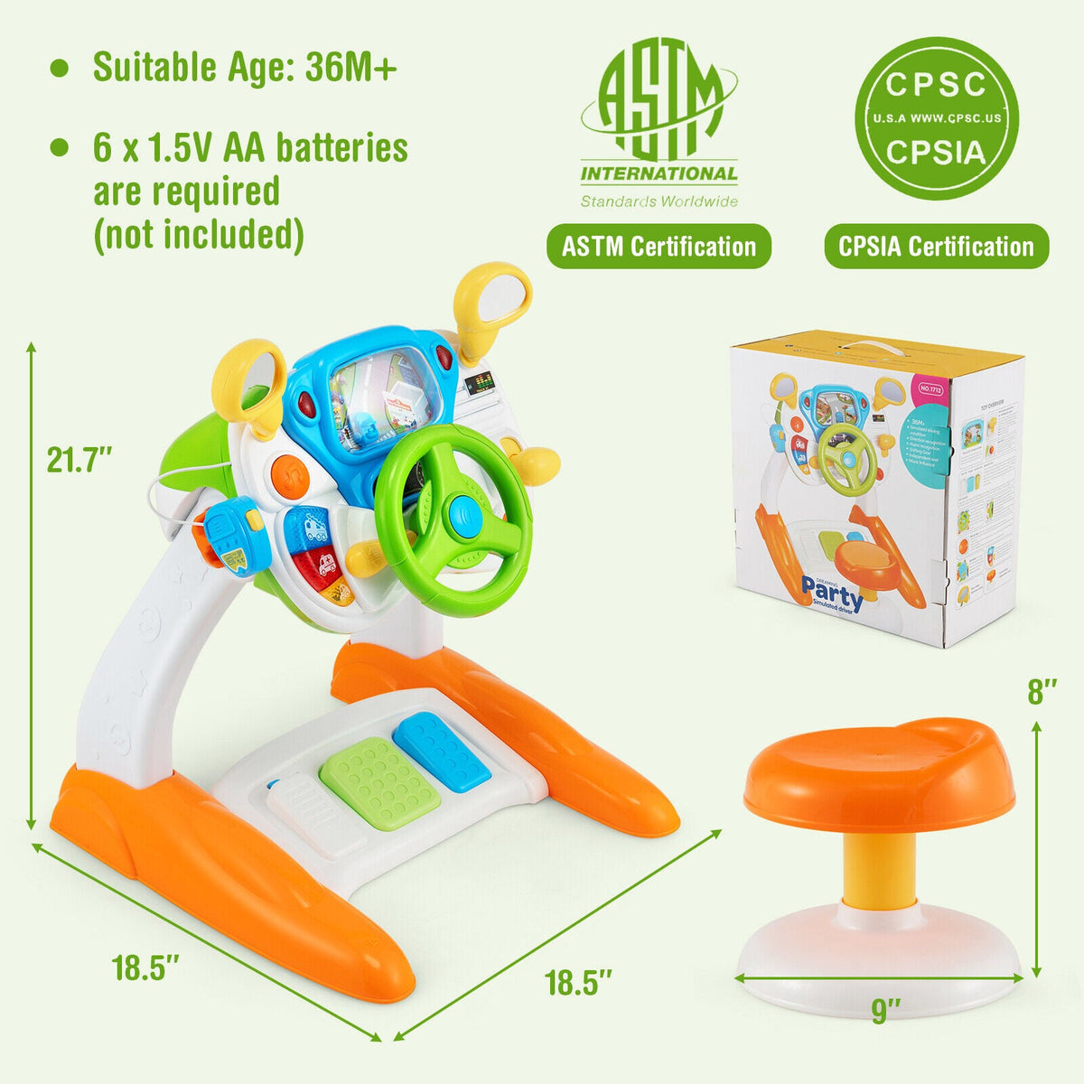 Kids Steering Wheel Pretend Play Toy Set with Lights and Sounds