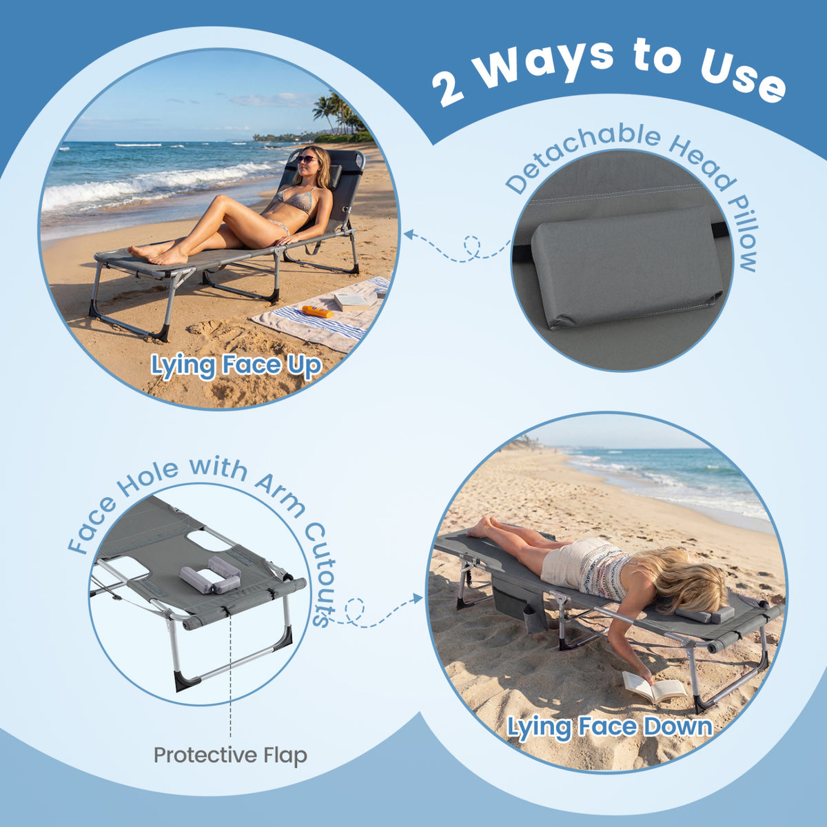 Tanning Chair with Face Hole & Adjustable Backrest - Gray