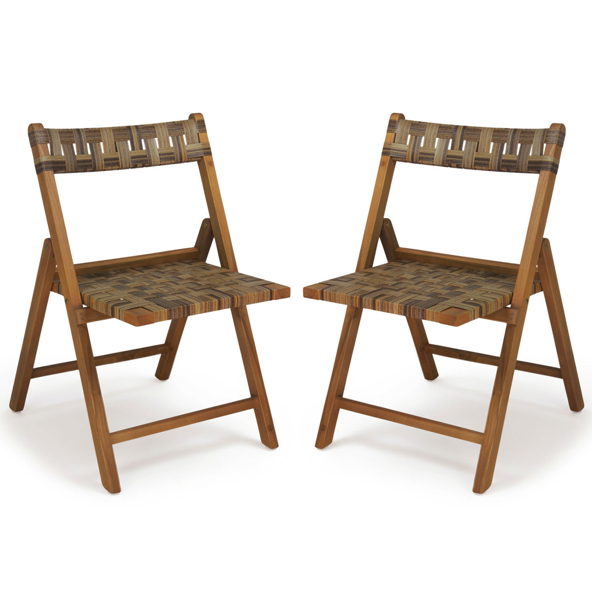Teak Folding Patio Chairs Set of 2 with Woven Rattan