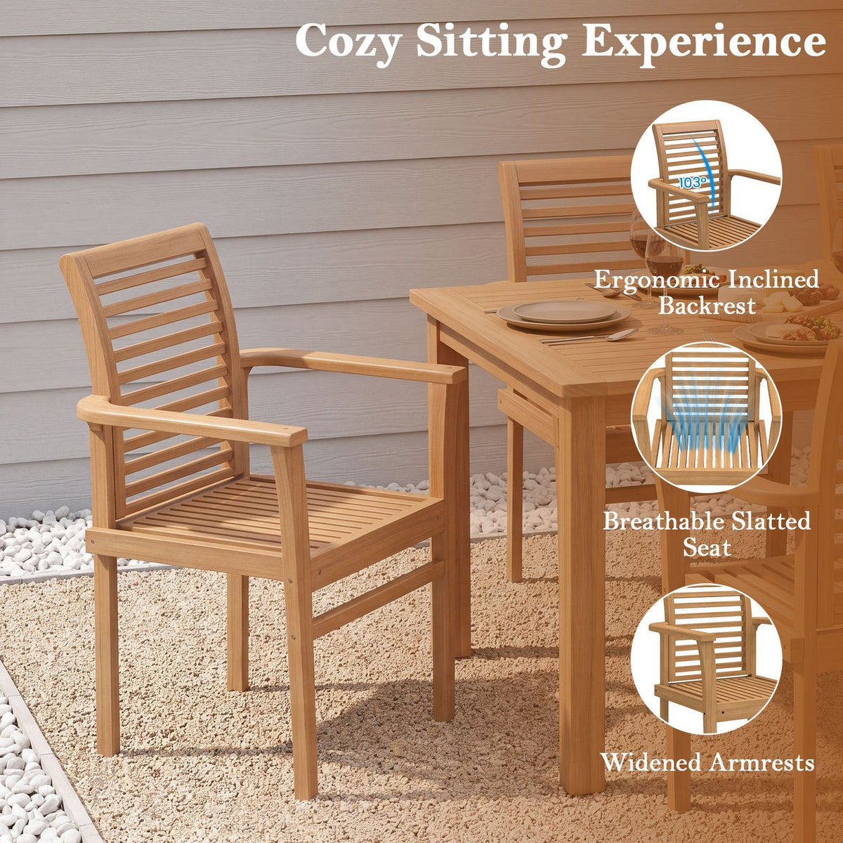 Teak Wood Dining Chairs Set of 2 with Inclined Backrest and Slatted Seat for Backyard