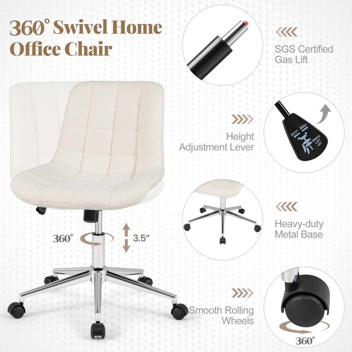 Armless Office Chair with Teddy Fleece and Adjustable Height