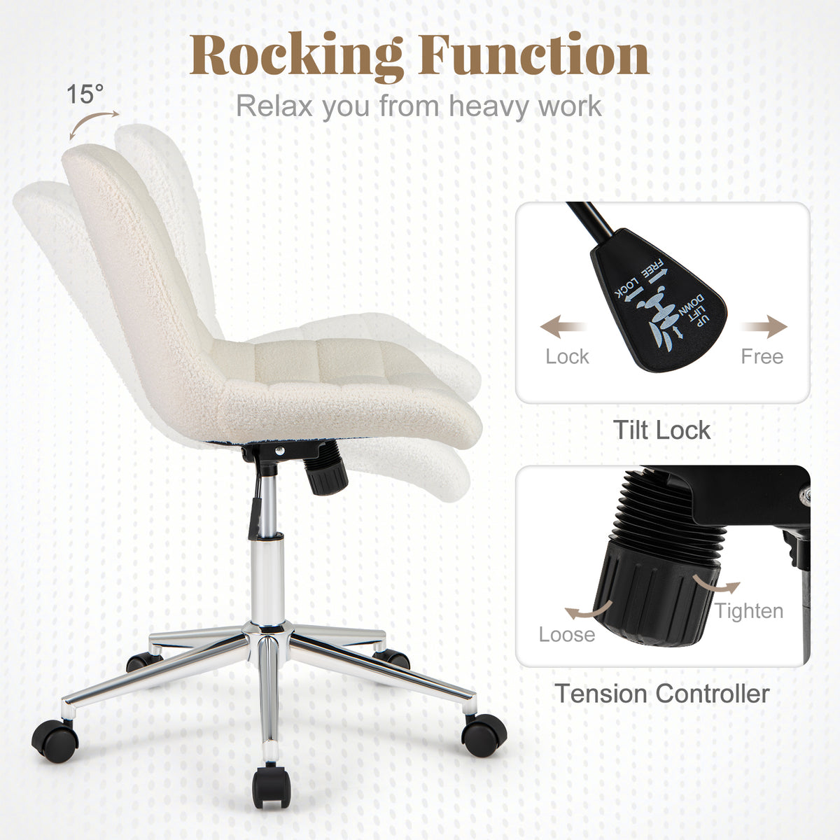 Armless Office Chair with Teddy Fleece and Adjustable Height