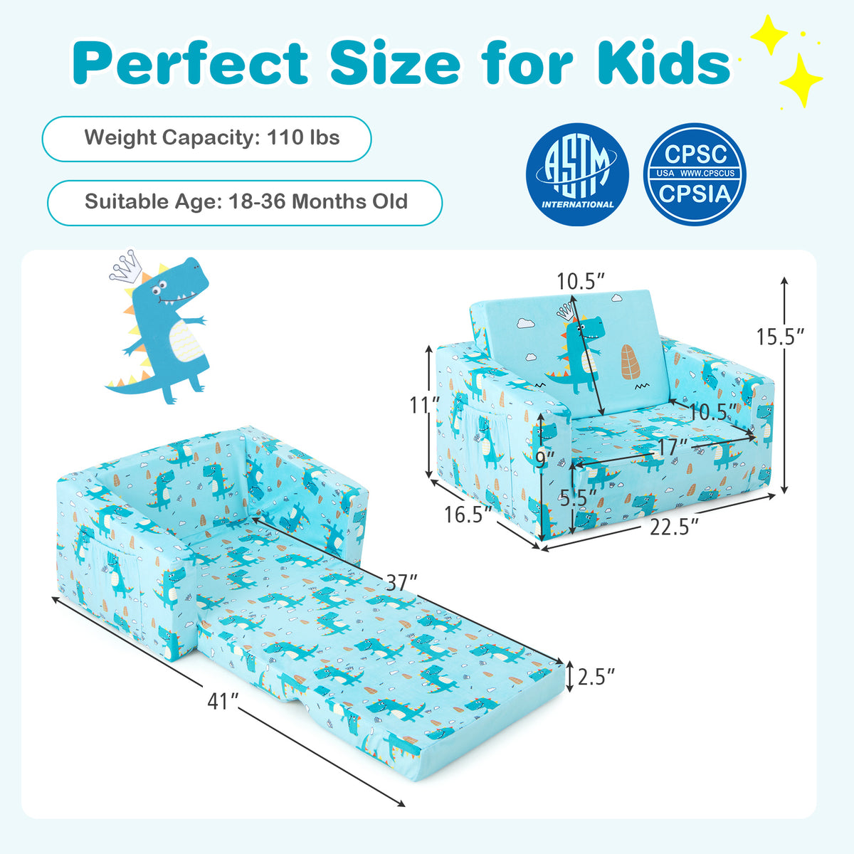 Kids Recliner Sofa Converts to Sleeper Bed - Blue Dinosaur