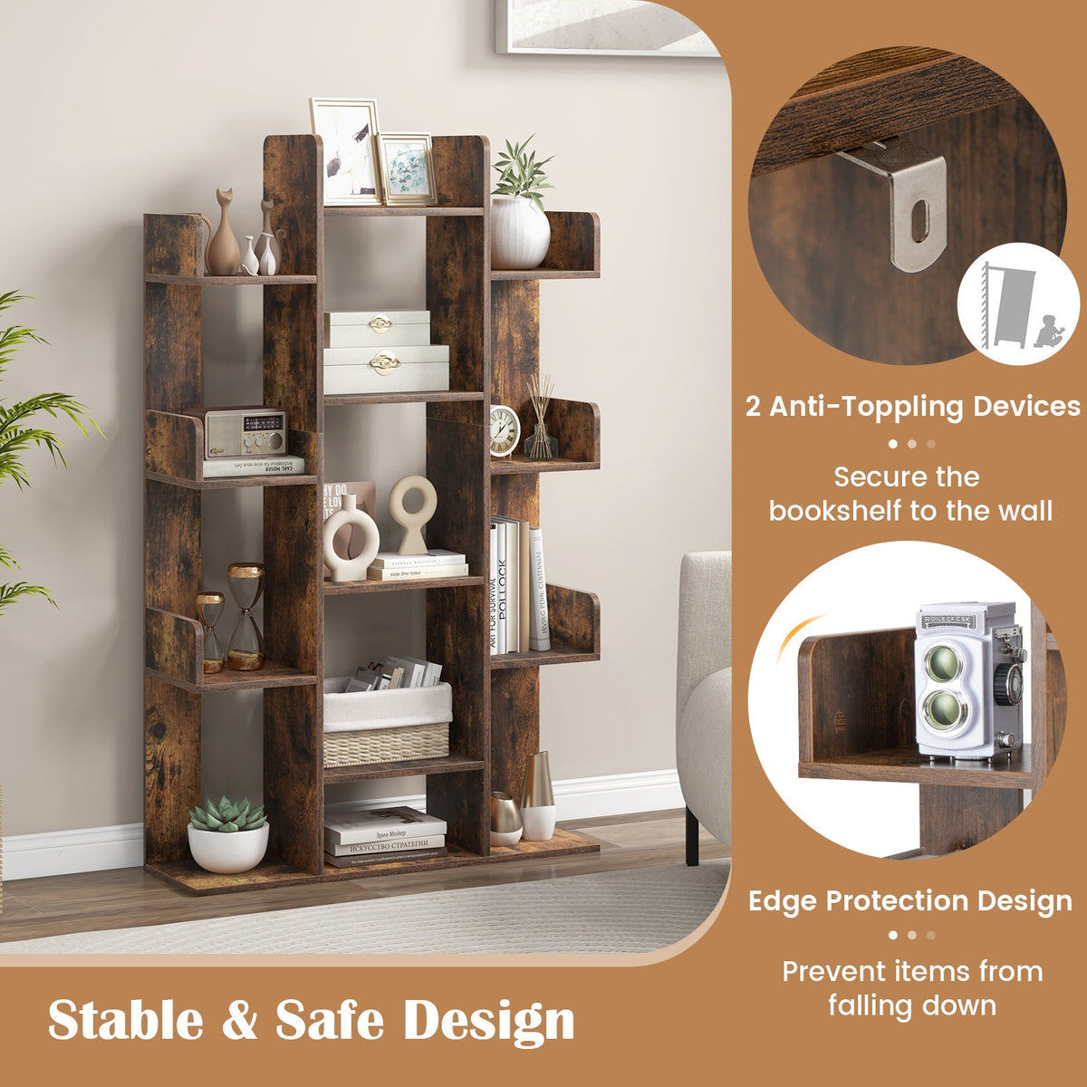 Tree-Shaped Bookshelf with 13 Compartments