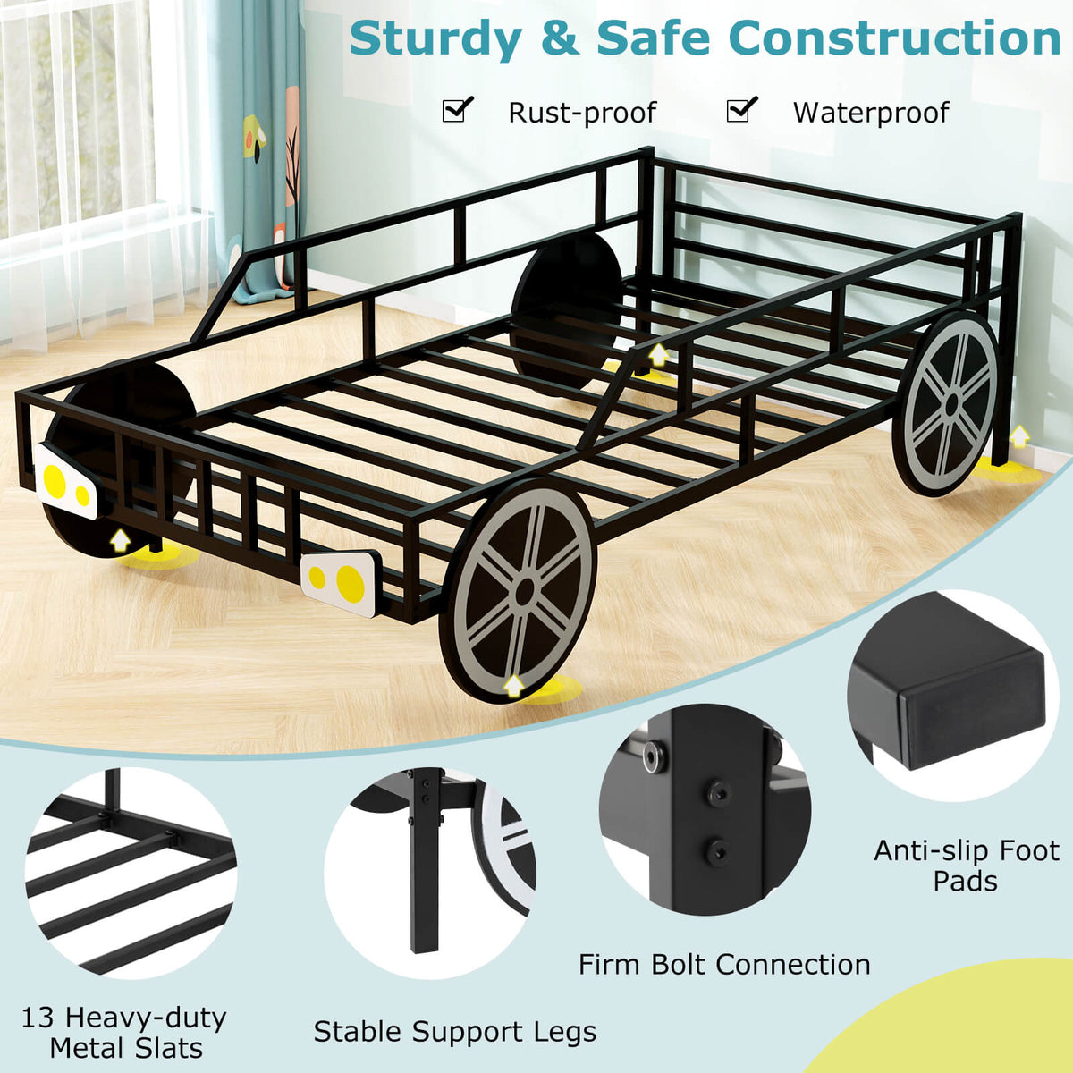 Twin-Size Kids Metal Bed Frame Car-Shaped with Safety Guardrails-Twin Size