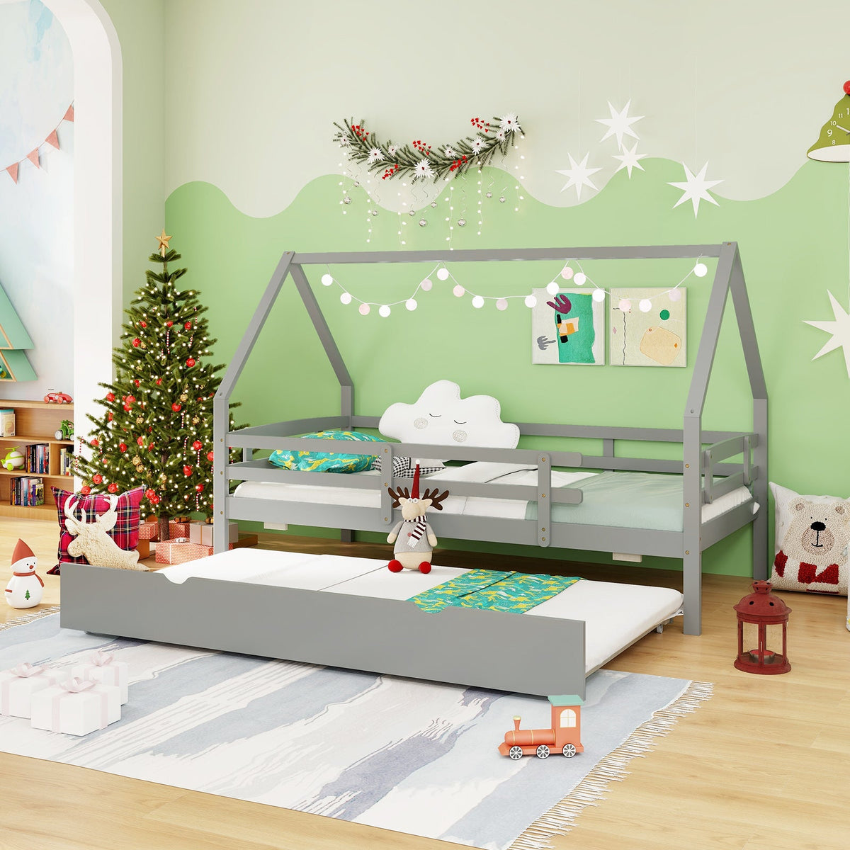Twin House Bed with Trundle and Fence Rail