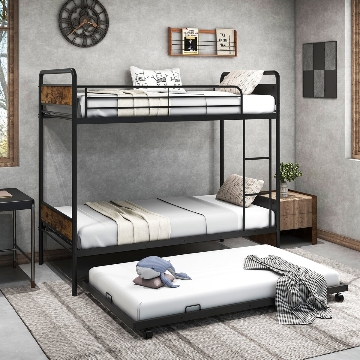 Twin Over Twin Bunk Bed with Trundle with Ladder and Full-length Guardrails-Black