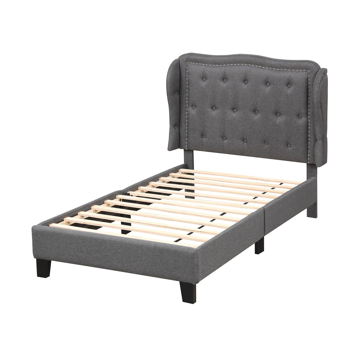 Twin Size Bed Frame with Button Tufted Wingback Headboard and Storage Space-Gray