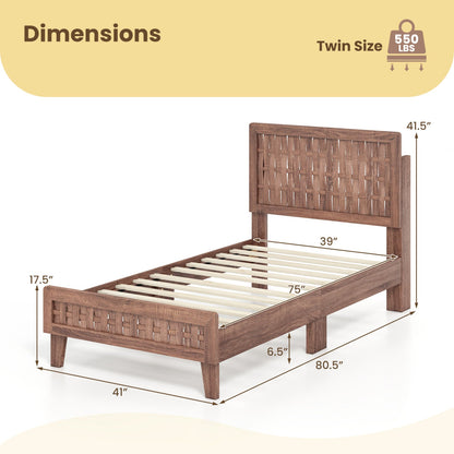Twin Size Bed Frame Mid Century with Woven Accent Headboard