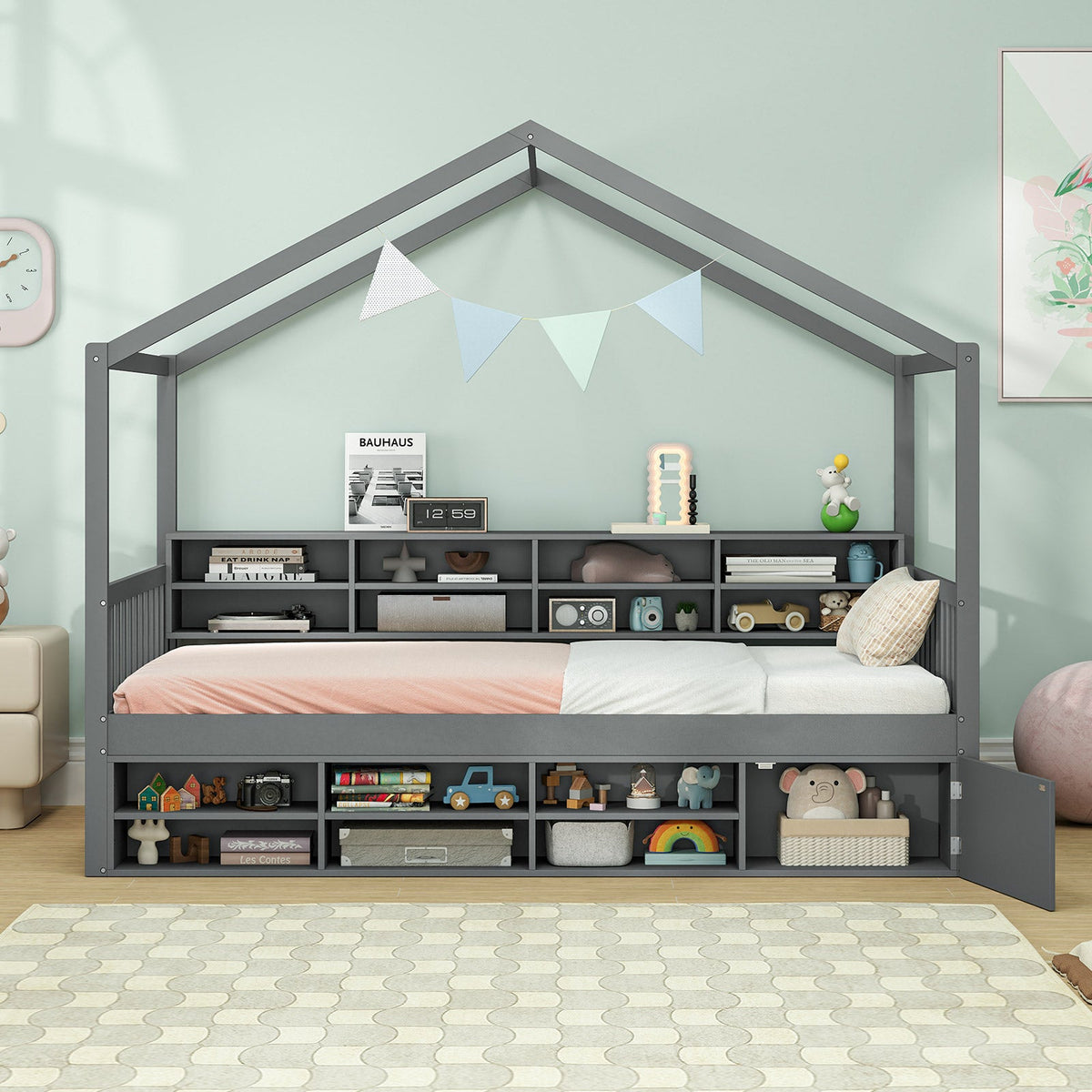 Twin Size House Bed with Roof with 14 Storage Cubes and Enclosed Cabinet
