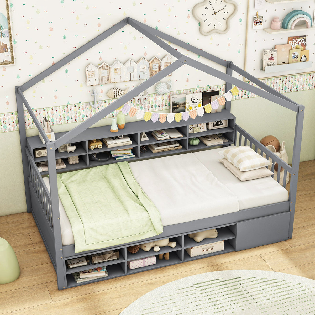 Twin Size House Bed with Roof with 14 Storage Cubes and Enclosed Cabinet