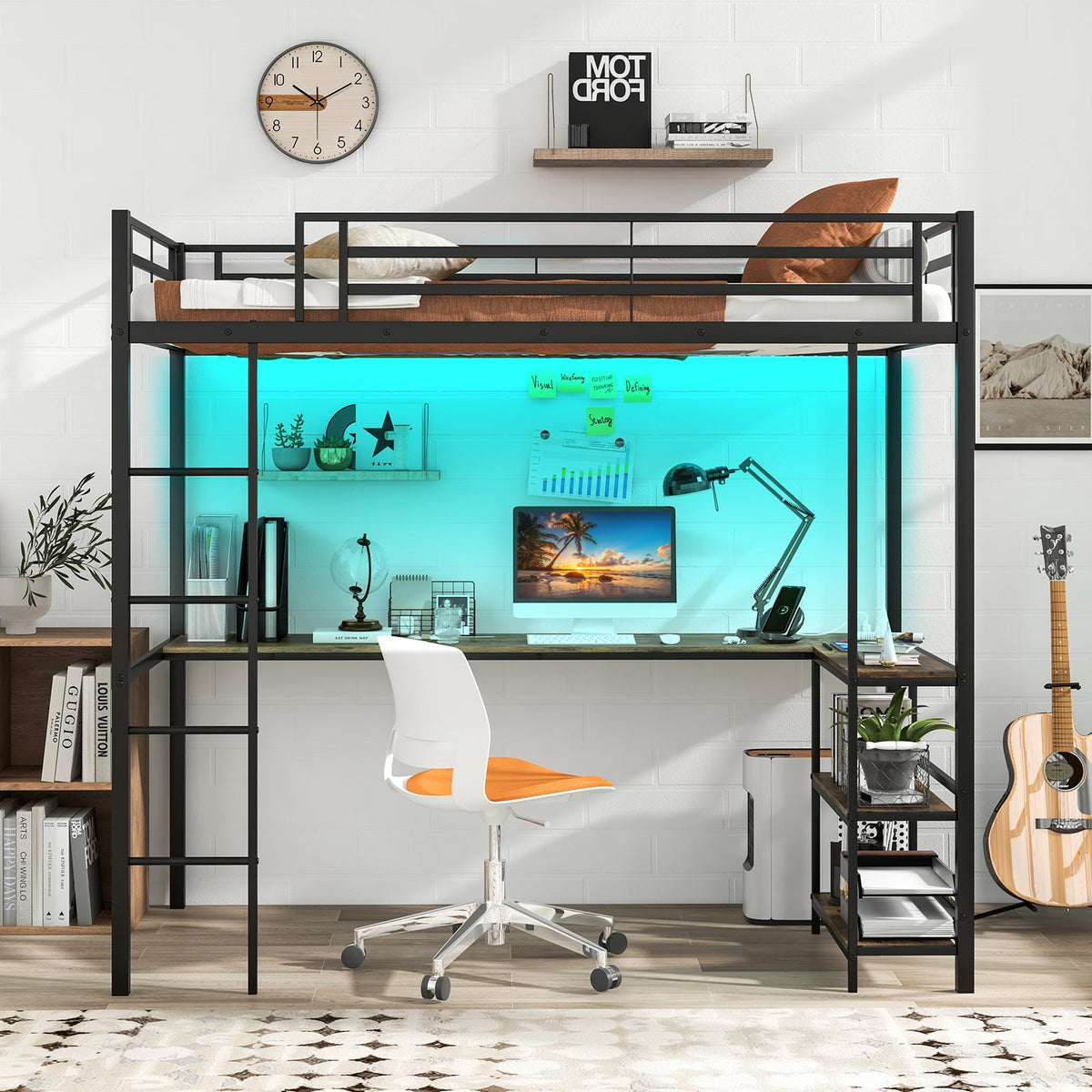 Twin Size Loft Bed Raised Platform Bed with Desk and 2 Storage Shelves-Black