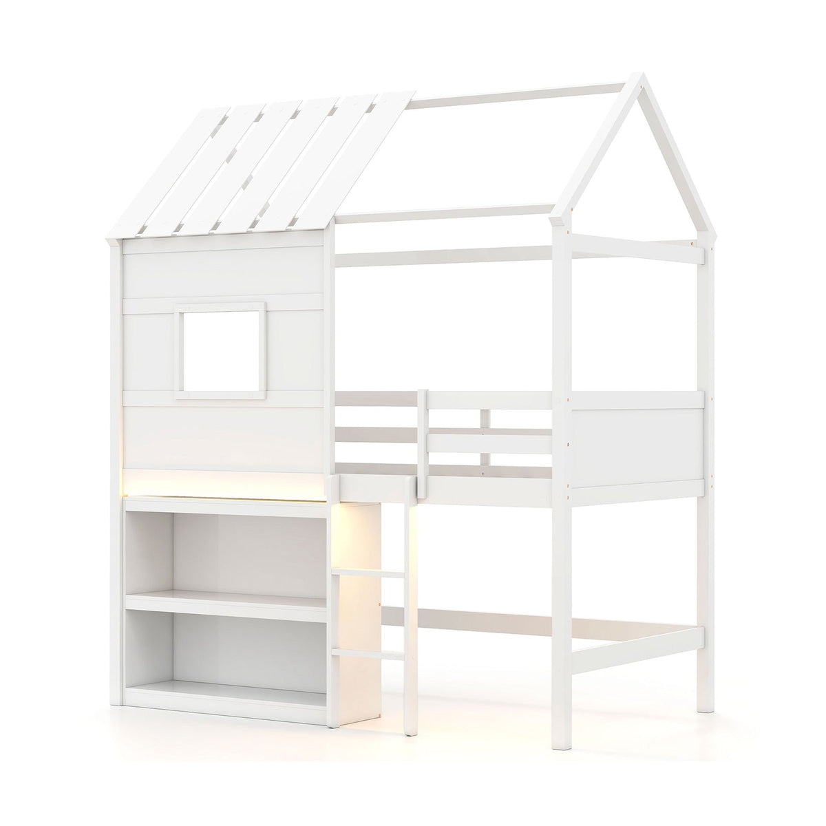 Twin Size Loft Bed with LED Lights Roof Window and Storage Bookshelf-White