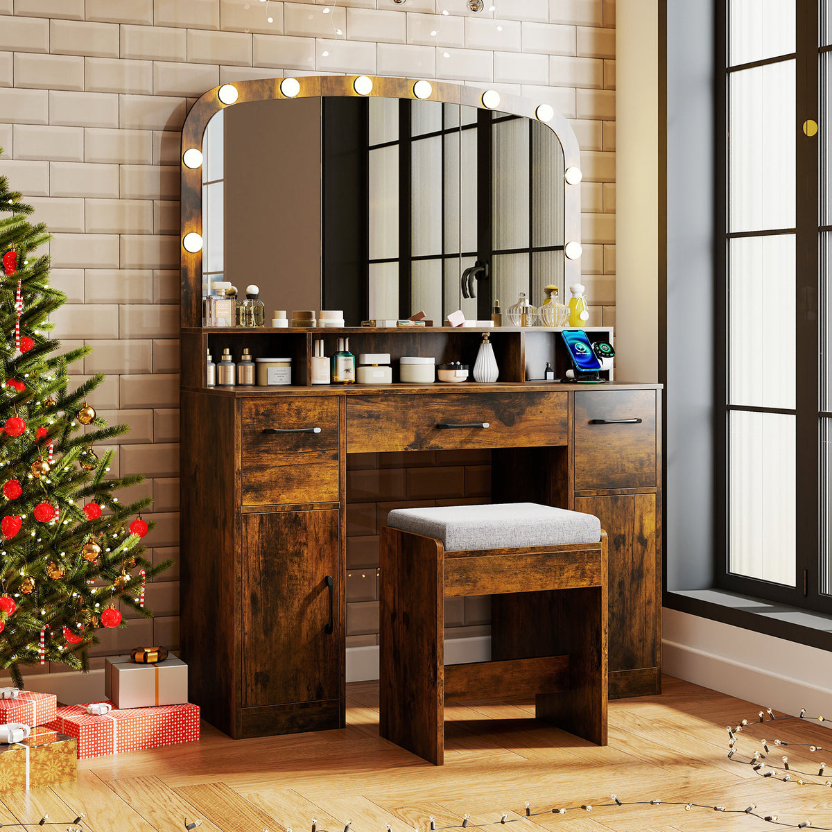 Makeup Vanity Desk with Lighted Mirror, Stool & Charging Station