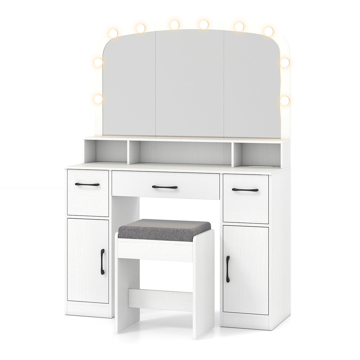 Makeup Vanity Desk with Lighted Mirror, Stool & Charging Station