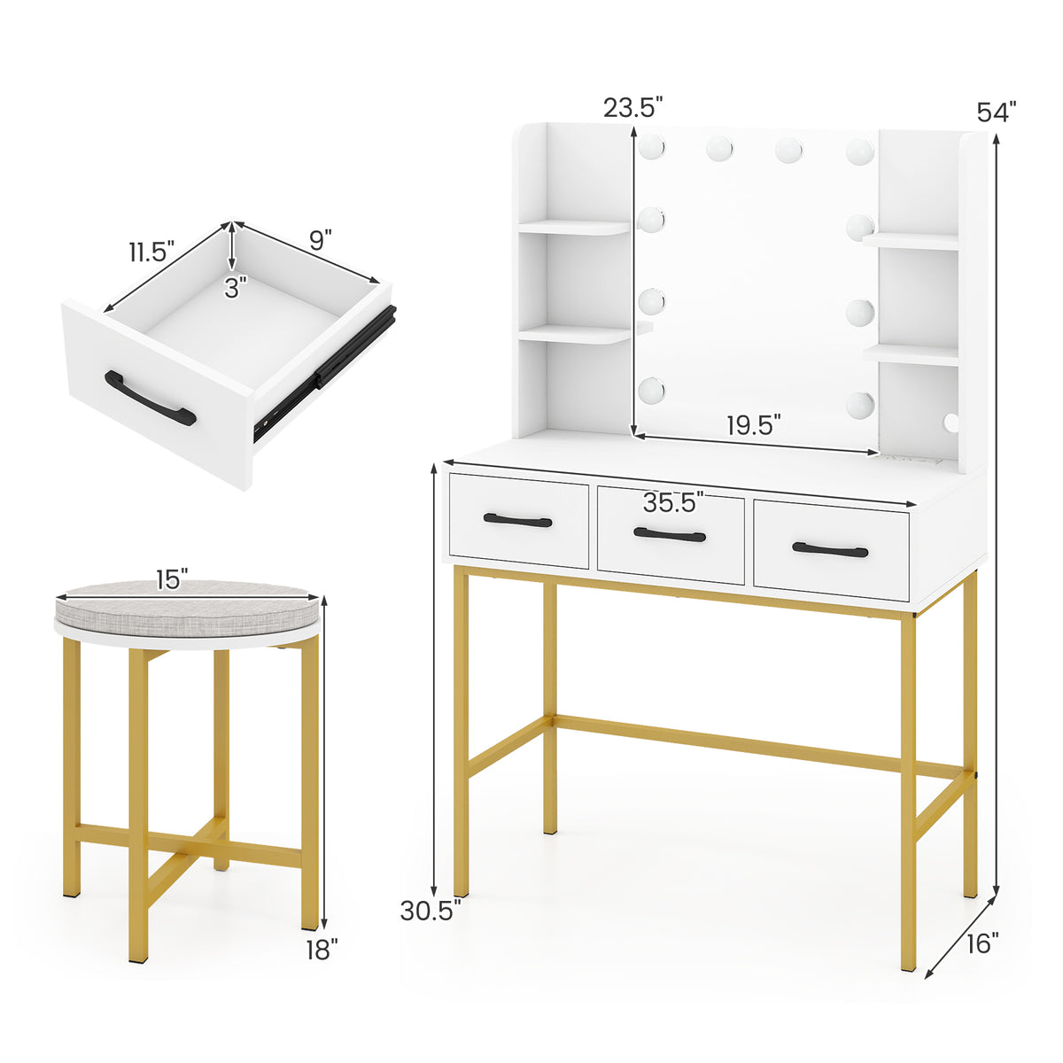 Vanity Desk with Lighted Mirror and Cushioned Stool Set