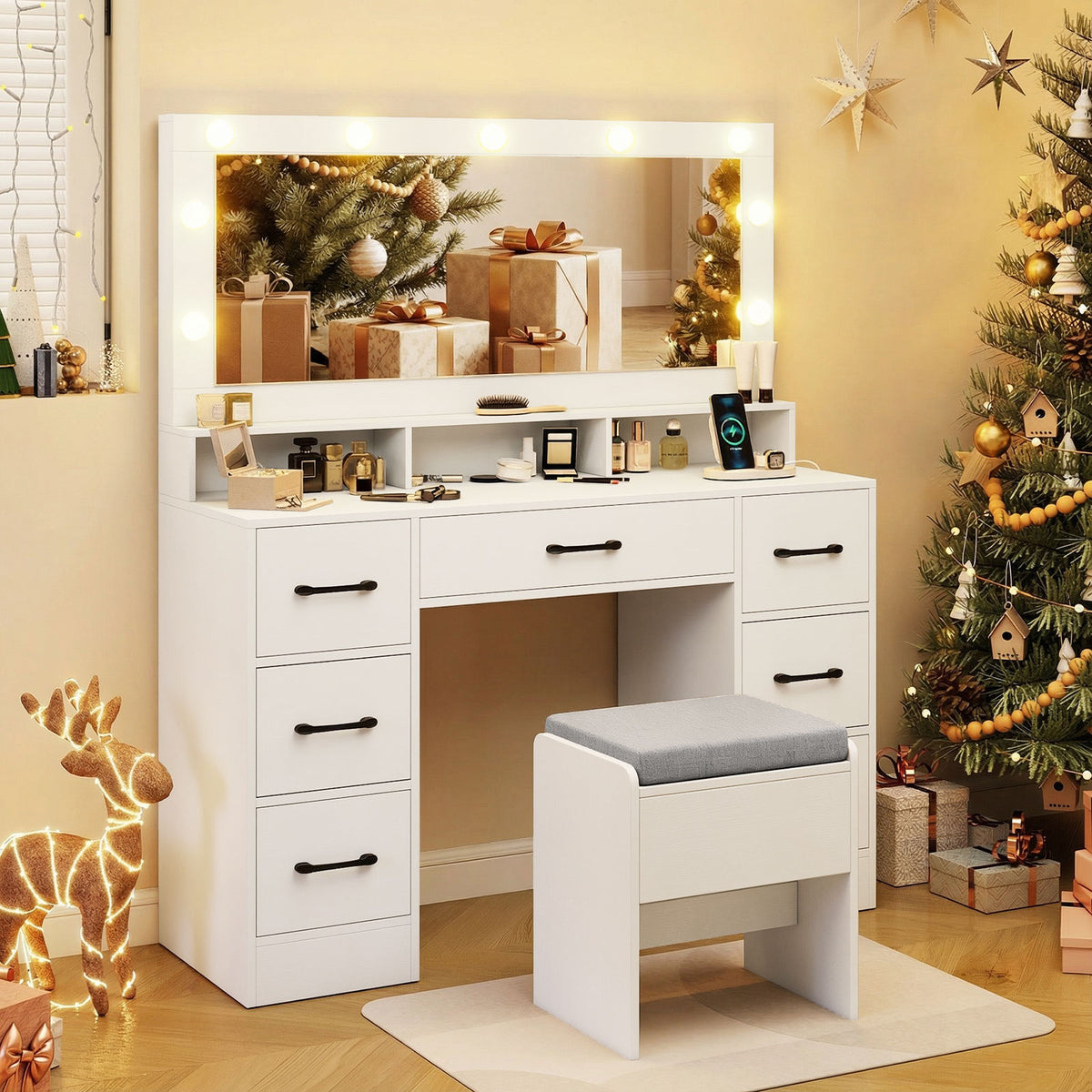 Vanity Desk with Lighted Mirror and Charging Station