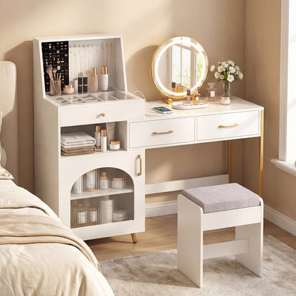 Vanity Desk with Lighted Mirror, Storage & Cushioned Stool