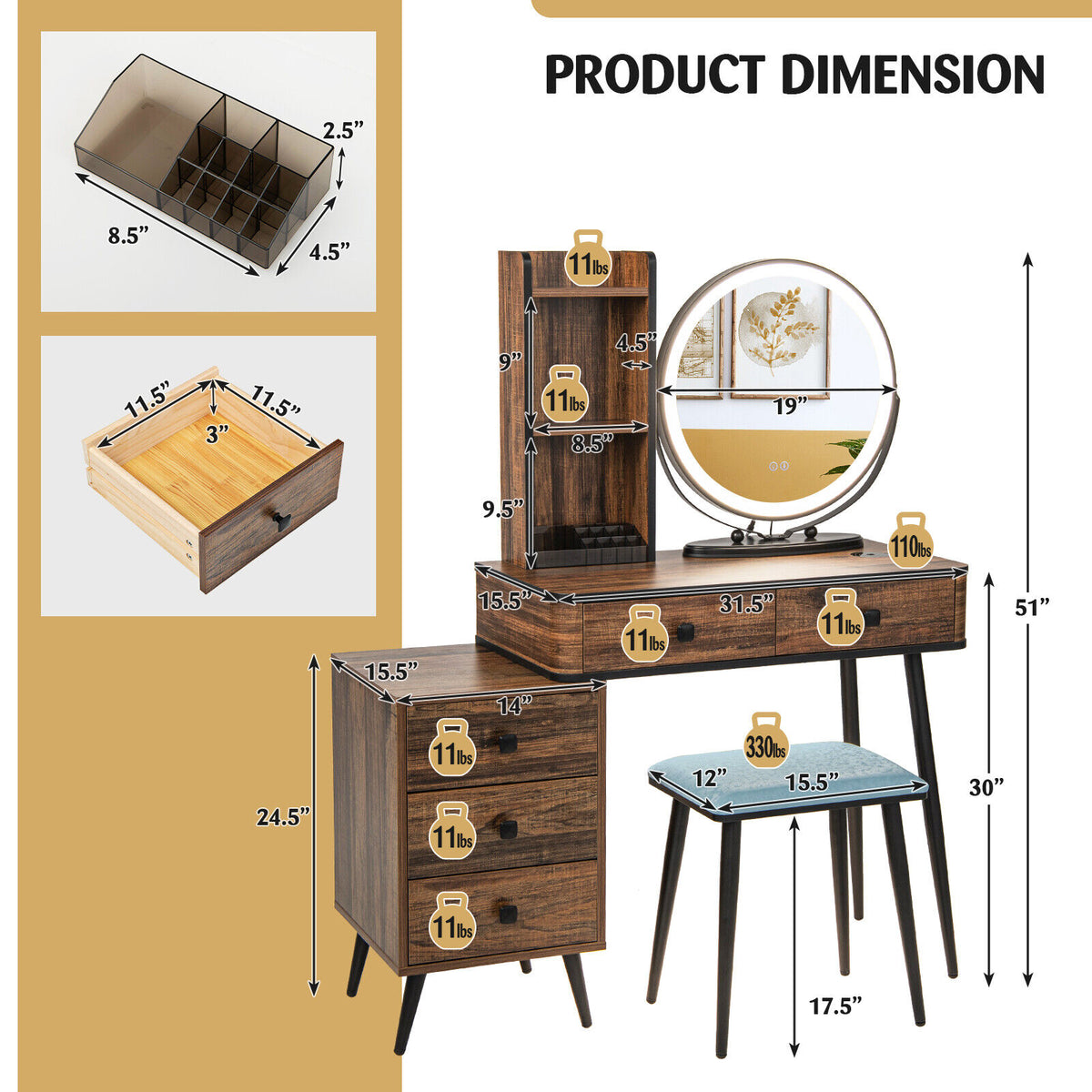 Vanity Table Set with 3-Color Lighted Mirror and Stool