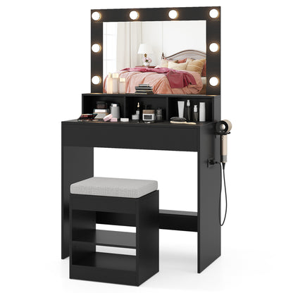 Lighted Vanity Table Set with Mirror, Stool & Storage