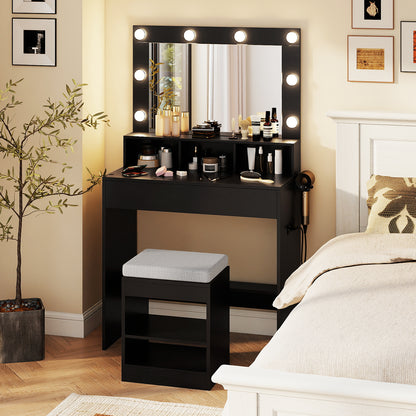 Lighted Vanity Table Set with Mirror, Stool & Storage