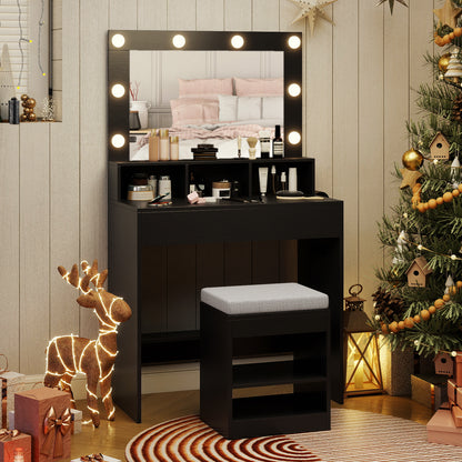Lighted Vanity Table Set with Mirror, Stool & Storage
